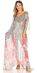 Sakkas Wilder  Printed Design Long Sheer Rhinestone Caftan Dress / Cover Up