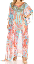 Sakkas Wilder  Printed Design Long Sheer Rhinestone Caftan Dress / Cover Up#color_ortu230-turq