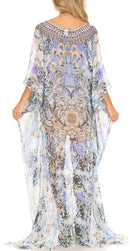 Sakkas Wilder  Printed Design Long Sheer Rhinestone Caftan Dress / Cover Up