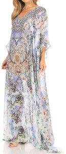 Sakkas Wilder  Printed Design Long Sheer Rhinestone Caftan Dress / Cover Up