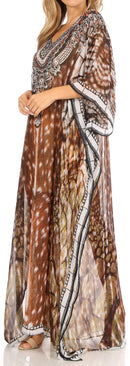 Sakkas Wilder  Printed Design Long Sheer Rhinestone Caftan Dress / Cover Up