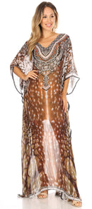Sakkas Wilder  Printed Design Long Sheer Rhinestone Caftan Dress / Cover Up