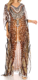 Sakkas Wilder  Printed Design Long Sheer Rhinestone Caftan Dress / Cover Up