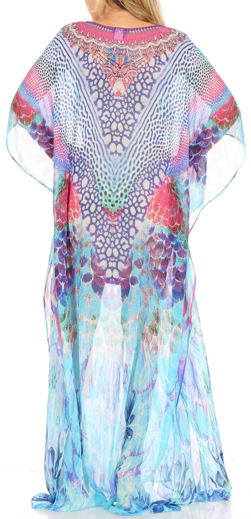 Sakkas Wilder  Printed Design Long Sheer Rhinestone Caftan Dress / Cover Up