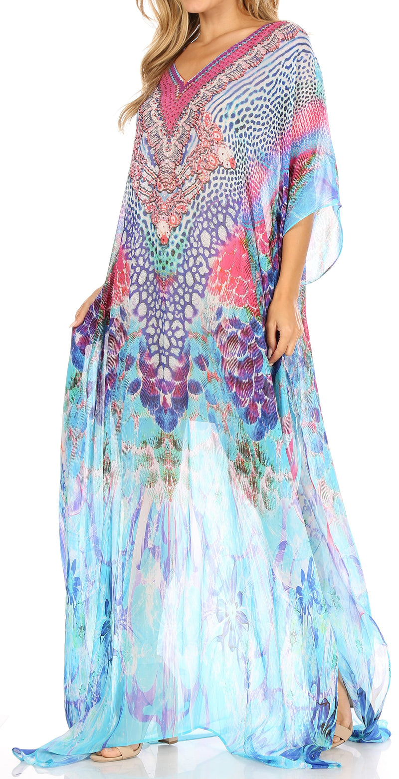 Sakkas Wilder  Printed Design Long Sheer Rhinestone Caftan Dress / Cover Up