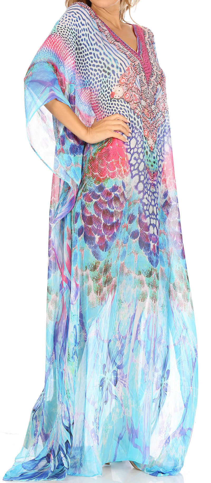 Sakkas Wilder  Printed Design Long Sheer Rhinestone Caftan Dress / Cover Up