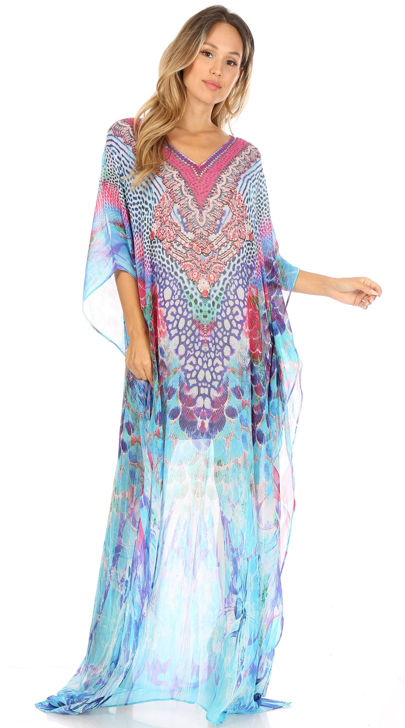 Sakkas Wilder  Printed Design Long Sheer Rhinestone Caftan Dress / Cover Up