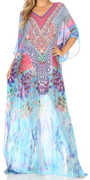 Sakkas Wilder  Printed Design Long Sheer Rhinestone Caftan Dress / Cover Up