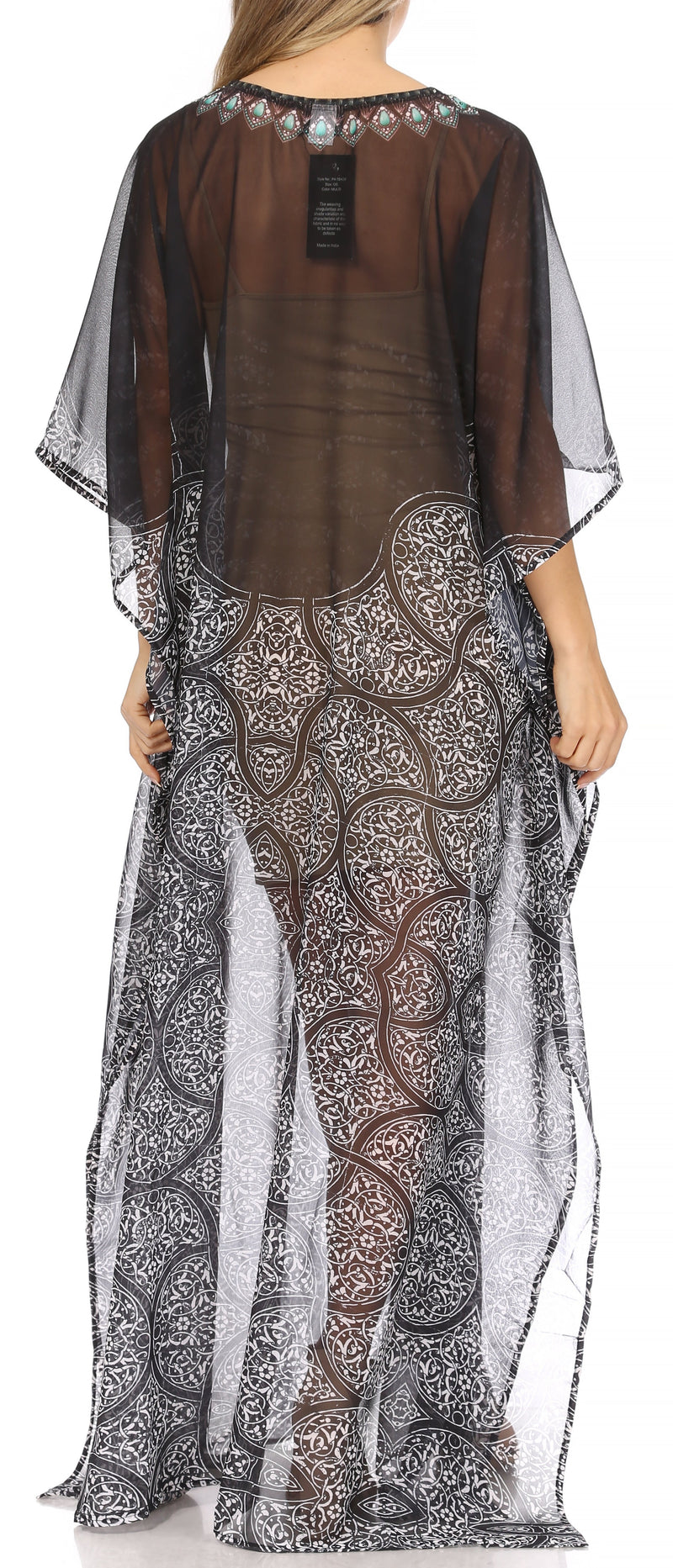 Sakkas Wilder  Printed Design Long Sheer Rhinestone Caftan Dress / Cover Up