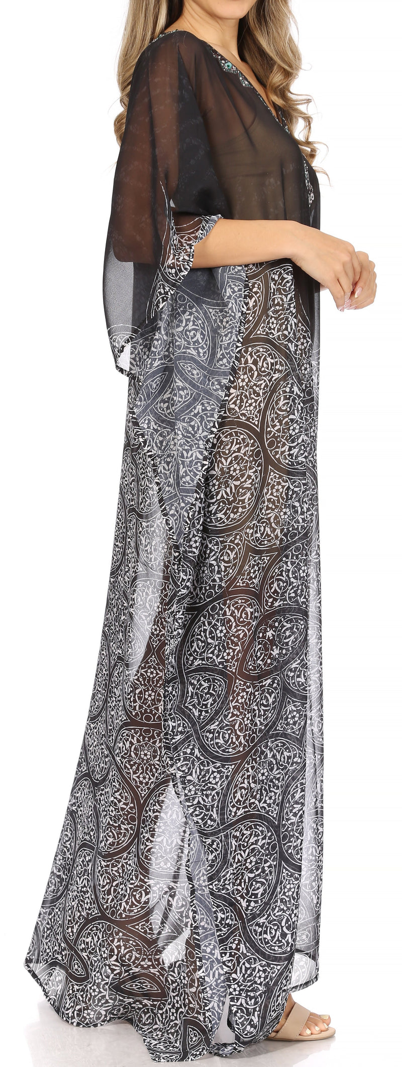 Sakkas Wilder  Printed Design Long Sheer Rhinestone Caftan Dress / Cover Up