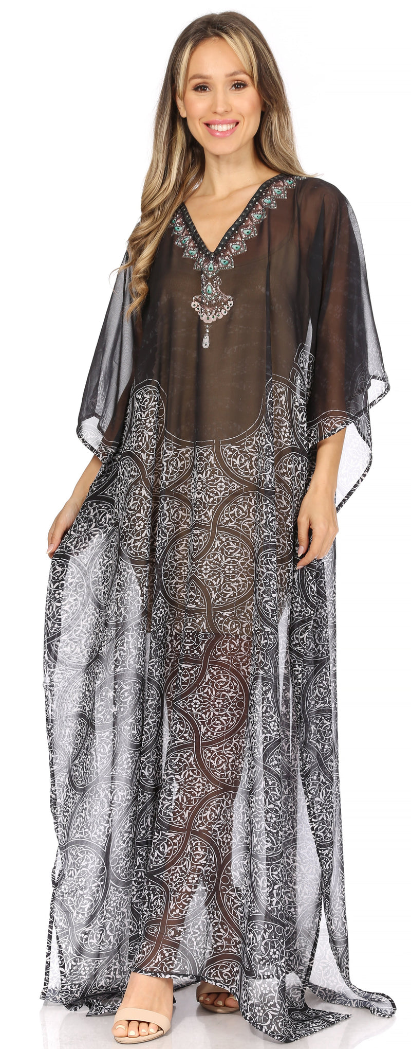 Sakkas Wilder  Printed Design Long Sheer Rhinestone Caftan Dress / Cover Up