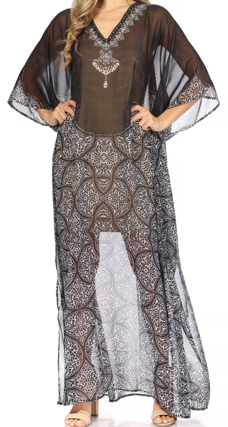 Sakkas Wilder  Printed Design Long Sheer Rhinestone Caftan Dress / Cover Up