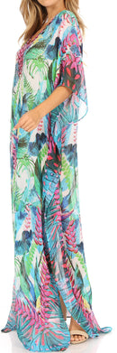 Sakkas Wilder  Printed Design Long Sheer Rhinestone Caftan Dress / Cover Up