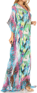 Sakkas Wilder  Printed Design Long Sheer Rhinestone Caftan Dress / Cover Up