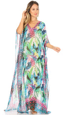 Sakkas Wilder  Printed Design Long Sheer Rhinestone Caftan Dress / Cover Up