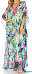Sakkas Wilder  Printed Design Long Sheer Rhinestone Caftan Dress / Cover Up