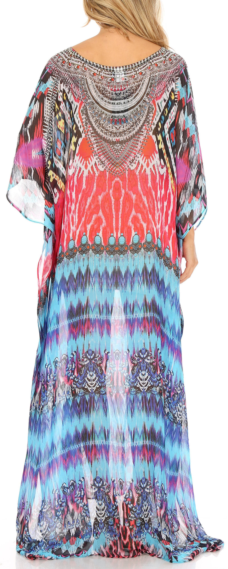 Sakkas Wilder  Printed Design Long Sheer Rhinestone Caftan Dress / Cover Up