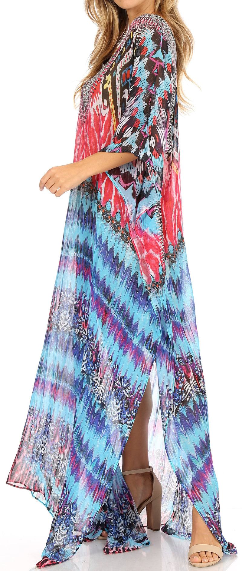 Sakkas Wilder  Printed Design Long Sheer Rhinestone Caftan Dress / Cover Up