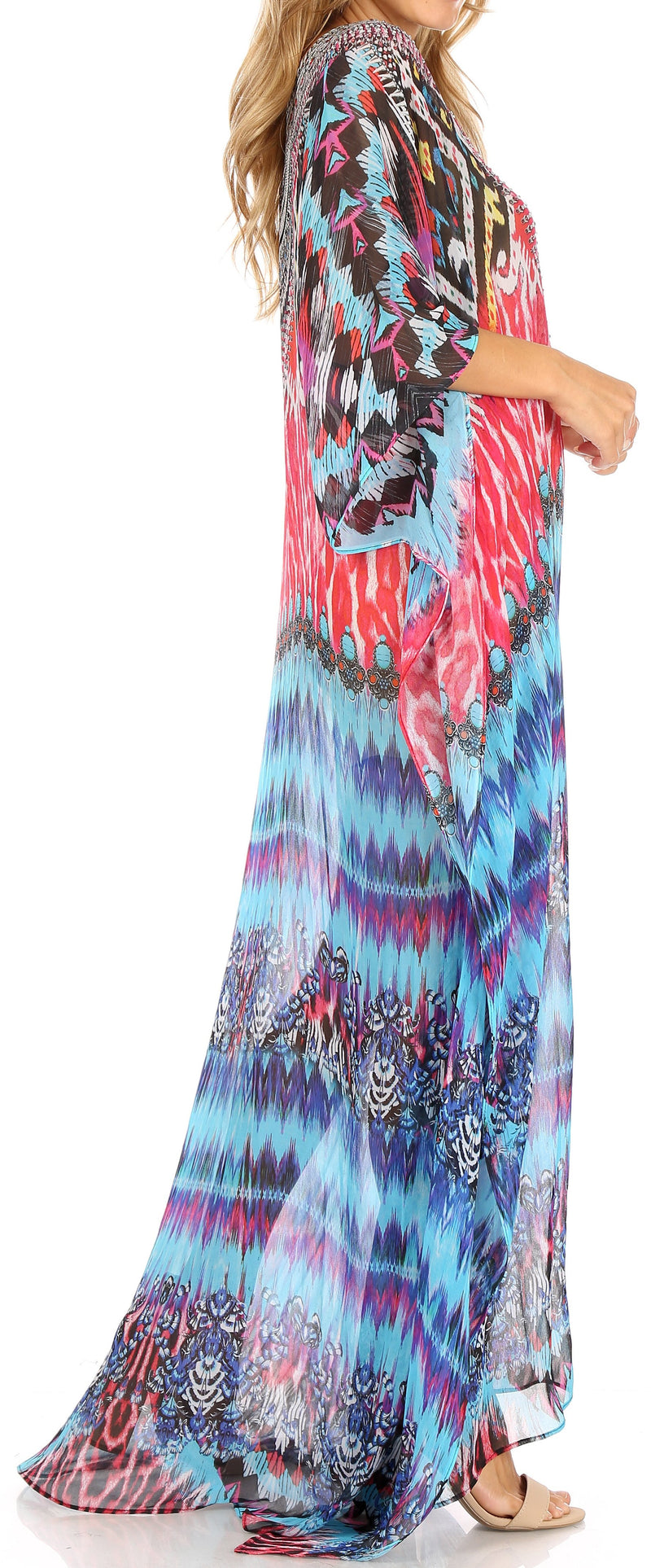 Sakkas Wilder  Printed Design Long Sheer Rhinestone Caftan Dress / Cover Up