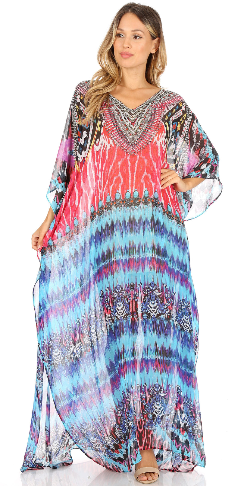 Sakkas Wilder  Printed Design Long Sheer Rhinestone Caftan Dress / Cover Up