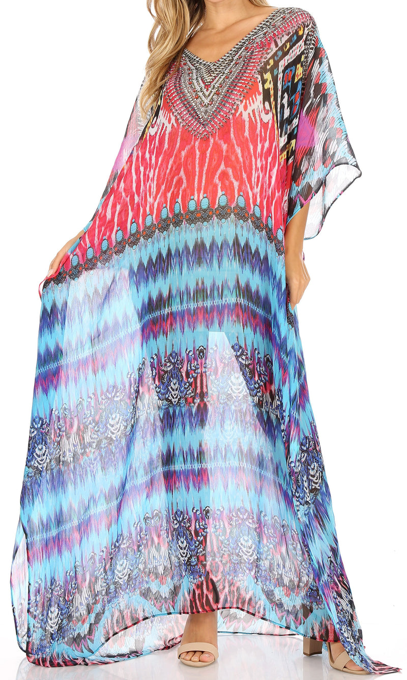 Sakkas Wilder  Printed Design Long Sheer Rhinestone Caftan Dress / Cover Up