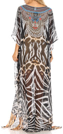 Sakkas Wilder  Printed Design Long Sheer Rhinestone Caftan Dress / Cover Up
