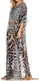 Sakkas Wilder  Printed Design Long Sheer Rhinestone Caftan Dress / Cover Up