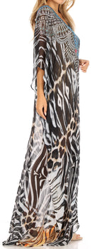 Sakkas Wilder  Printed Design Long Sheer Rhinestone Caftan Dress / Cover Up