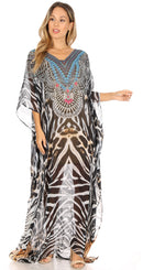 Sakkas Wilder  Printed Design Long Sheer Rhinestone Caftan Dress / Cover Up