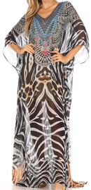 Sakkas Wilder  Printed Design Long Sheer Rhinestone Caftan Dress / Cover Up