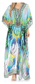 Sakkas  Georgettina Flowy  Rhinestone V Neck Long Caftan Dress / Cover Up#color_17193-TurquoiseMulti