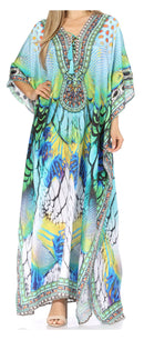 Sakkas  Georgettina Flowy  Rhinestone V Neck Long Caftan Dress / Cover Up