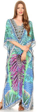 Sakkas  Georgettina Flowy  Rhinestone V Neck Long Caftan Dress / Cover Up
