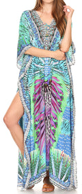 Sakkas  Georgettina Flowy  Rhinestone V Neck Long Caftan Dress / Cover Up#color_17196-TurquoiseMulti