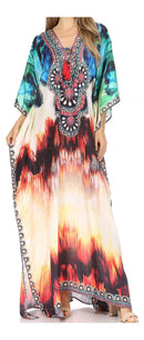 Sakkas  Georgettina Flowy  Rhinestone V Neck Long Caftan Dress / Cover Up