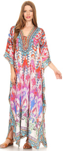 Sakkas  Georgettina Flowy  Rhinestone V Neck Long Caftan Dress / Cover Up
