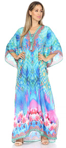 Sakkas  Georgettina Flowy  Rhinestone V Neck Long Caftan Dress / Cover Up