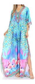 Sakkas  Georgettina Flowy  Rhinestone V Neck Long Caftan Dress / Cover Up#color_17203-TurquoiseMulti