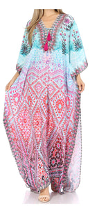 Sakkas  Georgettina Flowy  Rhinestone V Neck Long Caftan Dress / Cover Up