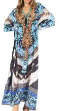 Sakkas  Georgettina Flowy  Rhinestone V Neck Long Caftan Dress / Cover Up#color_17205-TealMulti