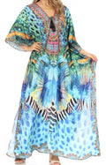 Sakkas  Georgettina Flowy  Rhinestone V Neck Long Caftan Dress / Cover Up#color_17209-TurquoiseMulti
