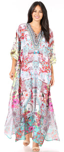 Sakkas  Georgettina Flowy  Rhinestone V Neck Long Caftan Dress / Cover Up