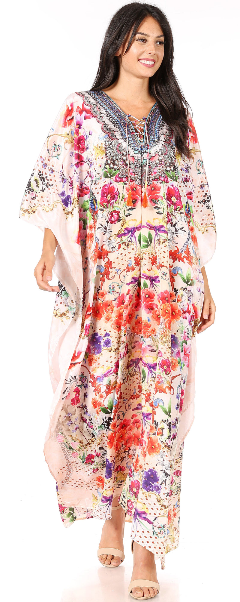 Sakkas  Georgettina Flowy  Rhinestone V Neck Long Caftan Dress / Cover Up