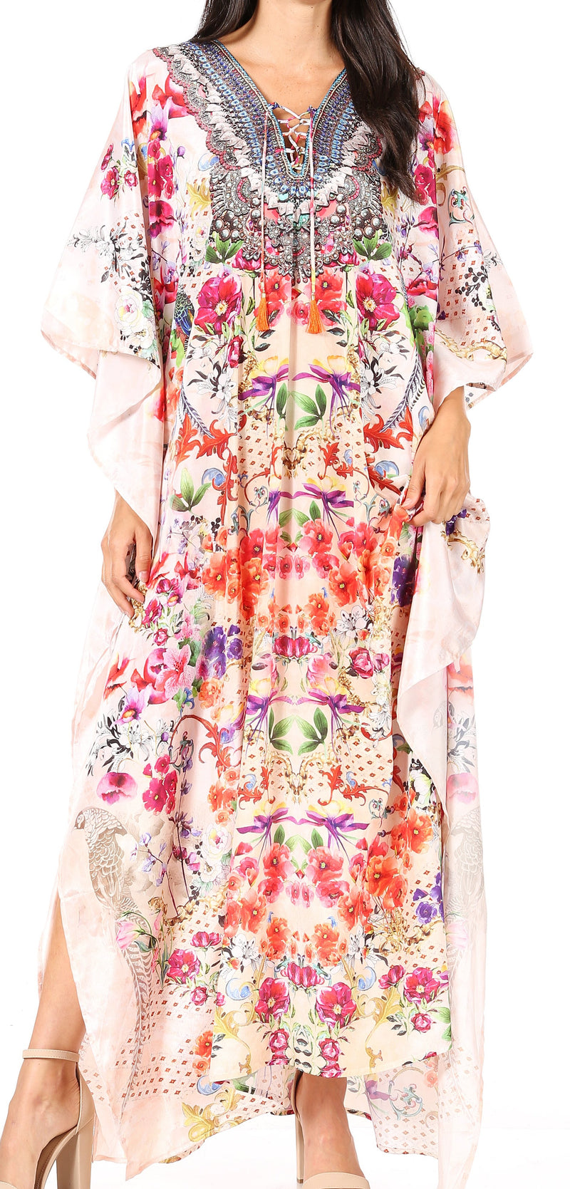 Sakkas  Georgettina Flowy  Rhinestone V Neck Long Caftan Dress / Cover Up