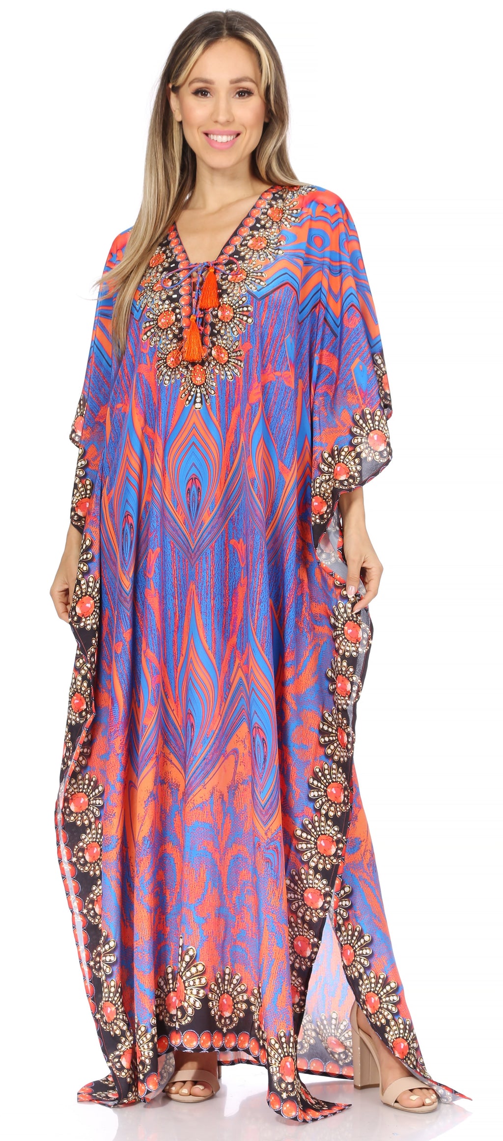 Sakkas Georgettina Flowy Rhinestone V Neck Long Caftan Dress / Cover Up