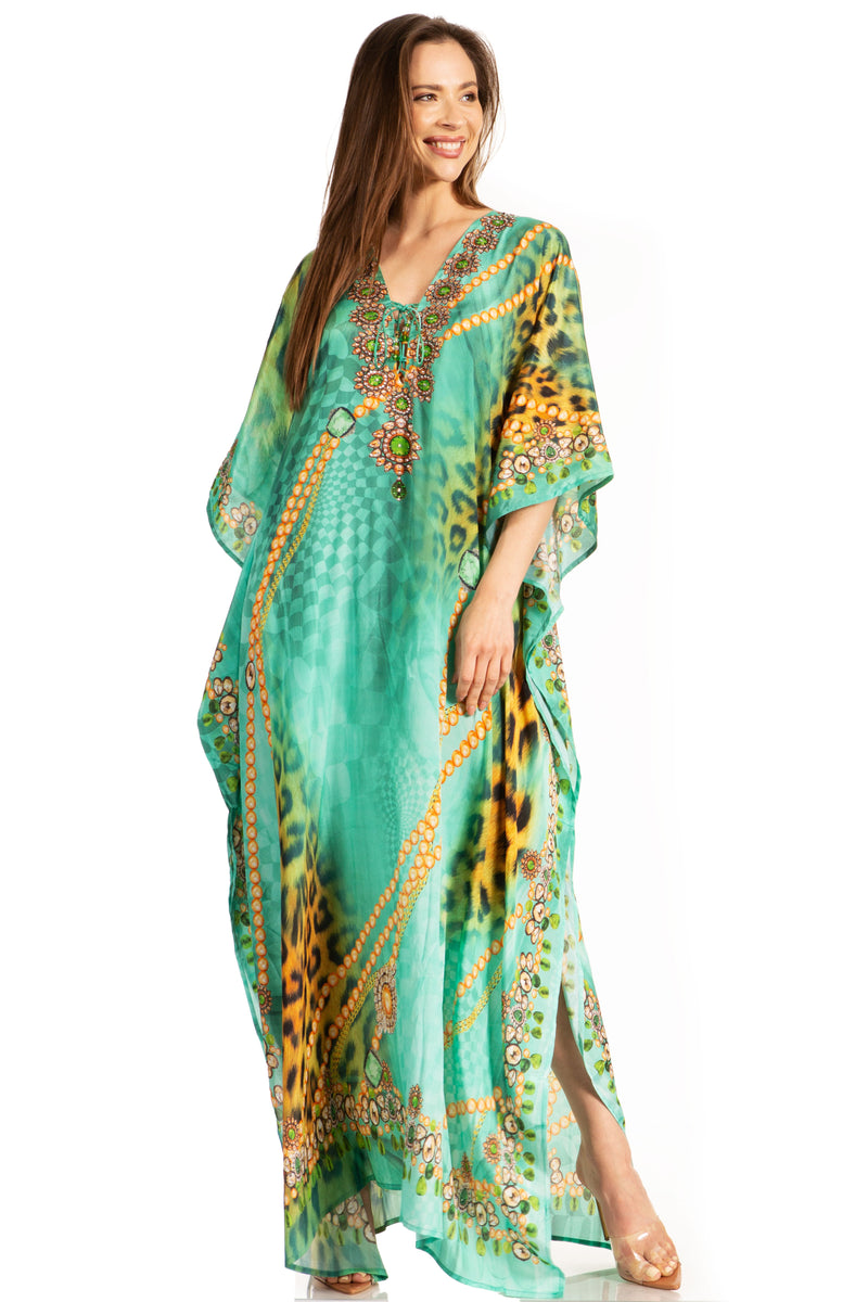 Sakkas  Georgettina Flowy  Rhinestone V Neck Long Caftan Dress / Cover Up