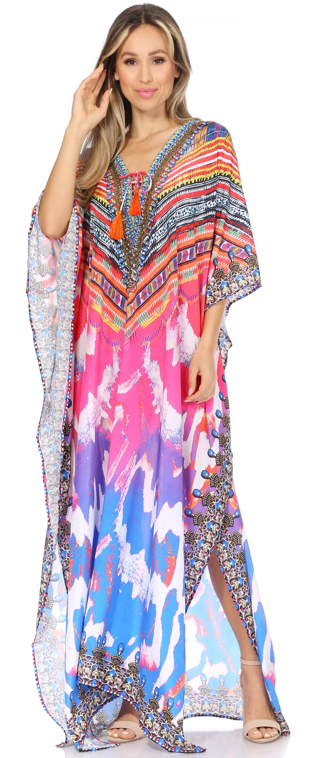 Sakkas Georgettina Flowy Rhinestone V Neck Long Caftan Dress / Cover Up