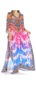 Sakkas  Georgettina Flowy  Rhinestone V Neck Long Caftan Dress / Cover Up#color_Pink/Orange