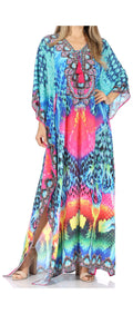 Sakkas  Georgettina Flowy  Rhinestone V Neck Long Caftan Dress / Cover Up#color_Blue/Pink