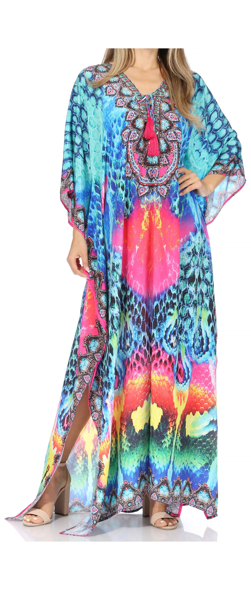 Sakkas  Georgettina Flowy  Rhinestone V Neck Long Caftan Dress / Cover Up